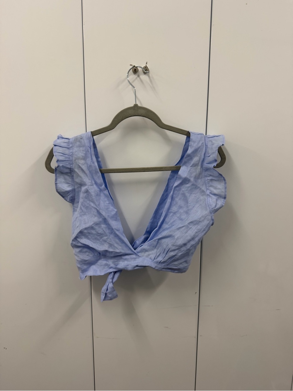 Linen Sky Blue Ruffle Tie-Front Crop Top